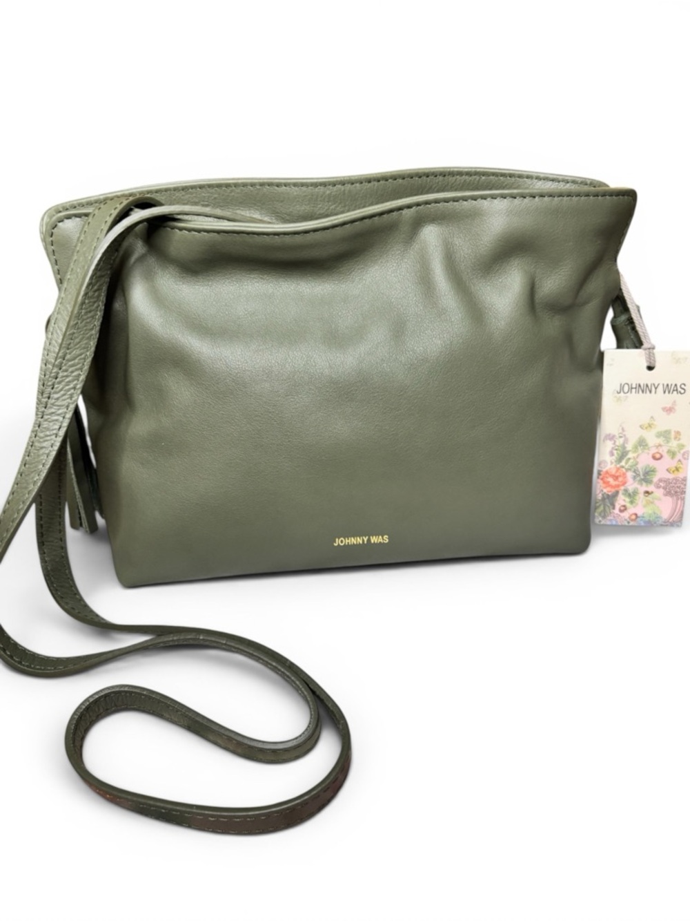 JOHNNY WAS Cinch Pouch Italian Leather Crossbody Bag Loden Green NWT - Picture 1 of 17